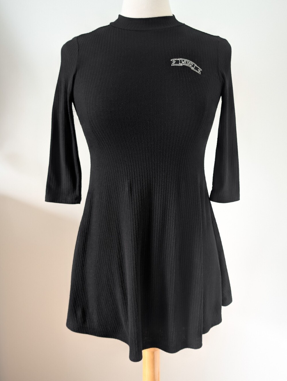 Black ribbed skater mini dress WEIRD embroidery SMALL Y2K alternative goth emo
